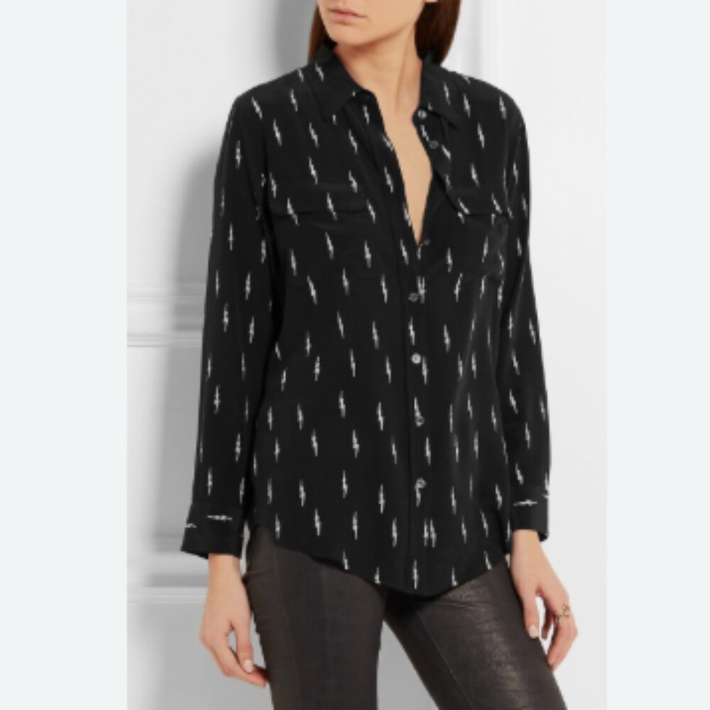 Equipment Black Button-Up Blouse with White Lightning Print (Kate Moss Edition)